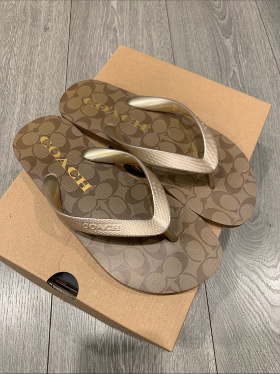 Coach Shoes - Coach Brown Signature Pattern Flip Flop Sandals with Gold Logo